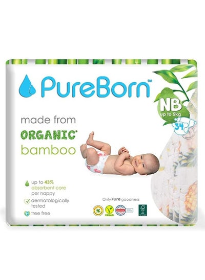 Buy Pureborn Organic Natural Bamboo Baby Disposable Diapers Newborn 1-3 Kg 34 pcs Assorted Print Premium Super Soft Maximum Leakage protection Eco friendly Nappies New born Essentials in UAE