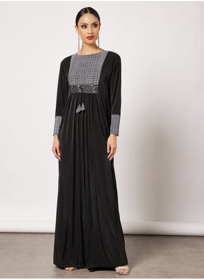 Buy Jersey Abaya With Silver Contrasting Panel And Front Embroidery in Saudi Arabia