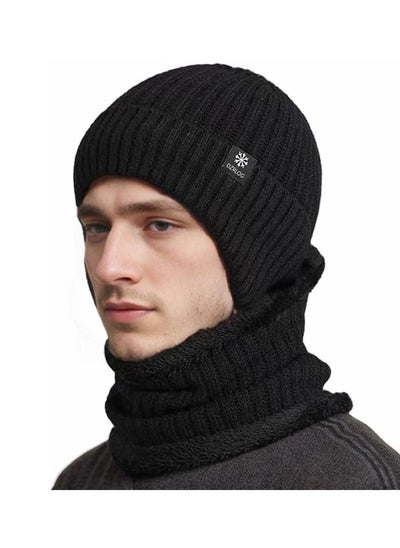 Buy 2pcs Mens Winter Knit Beanie with Earflap Neck Warmer Set Outdoor Warm Thermal Knitted Hat with Fleece Lined Skull Cap for women in UAE