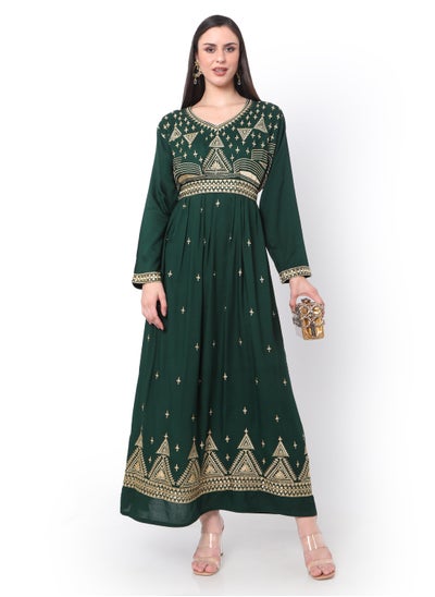 Buy MODEST THICK EMBRODERED WITH LONG SLEEVES AND BELT GREEN HIGH QUALITY STYLISH ARABIC KAFTAN JALABIYA DRESS in Saudi Arabia