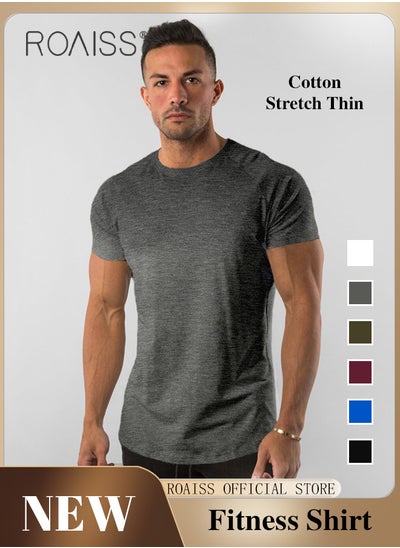 Buy Summer Fitness Short Sleeved T Shirt for Men Casual Breathable Cotton Top Quick Drying Slim Fit Tees in UAE