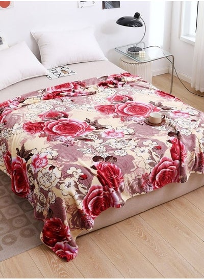 Buy Fleece Blanket 200*230cm Super Soft Throw Cream color with Rose Design, Room Décor. in UAE