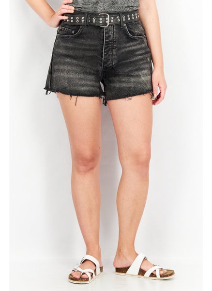 Buy Women Belted Dark Wash Denim Short, Black in Saudi Arabia