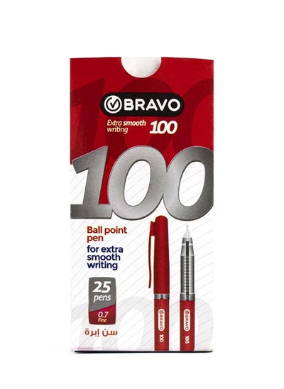 Buy Bravo 100 Ball Point Pen - 0.7mm -  Pack of 25 Pens - Red in Egypt