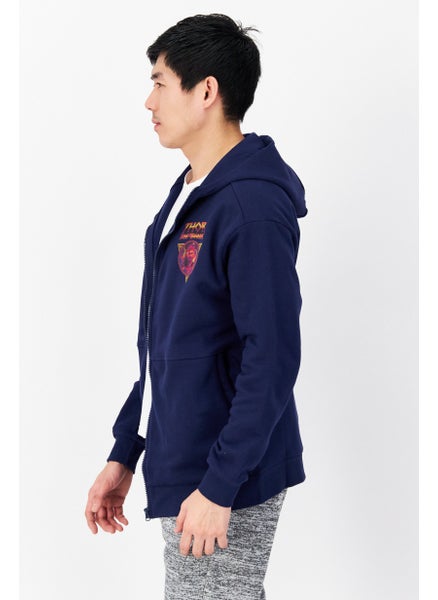 Buy Men Hooded Graphic Print Long Sleeves Sweatshirt, Navy Blue Combo in UAE