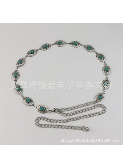 Buy Vintage waist chain womens fashion belt all-match metal inlay turquoise chain accessories ins fashionable body chain wholesaleSilver Silver in UAE