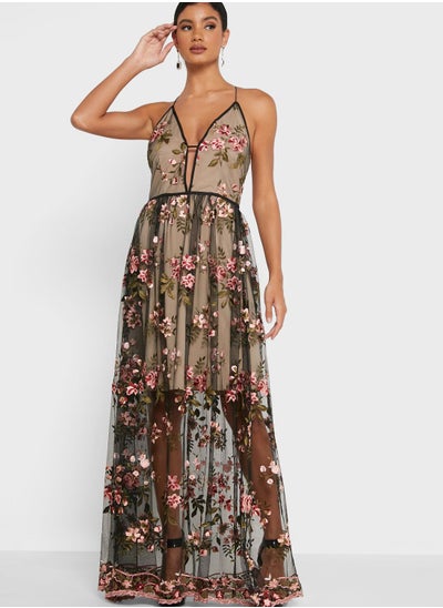 Buy Floral Print Plunge Dress in Saudi Arabia