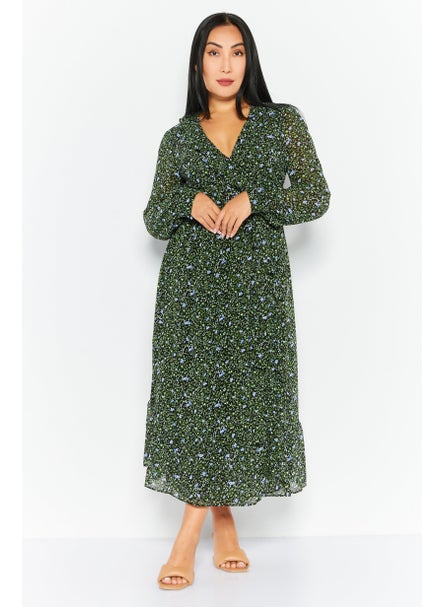 Buy Women Floral Print Wrap Dress, Black/Green in UAE