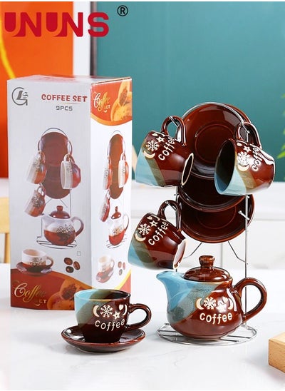 اشتري 9-Piece Coffee Cup Set,Ceramic Espresso Mugs With 4 Saucers,4 Cups,1 Pot,1 Holder,Cappuccino Cups Set For Latte,Coffee,Cafe Mocha,Tea في الامارات