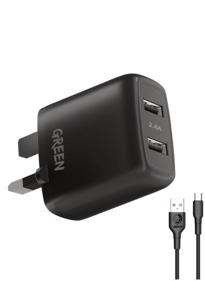 Buy Green Lion Charger Dual USB Port Wall Charger 12W UK with PVC Type-C Cable - Black in UAE