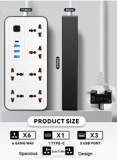 Buy Extension Cord Protector Power Strip with 6 Outlets, 3 USB-A Ports, 1 USB-C Port, Flat Plug, Wall Mountable, Desk USB Charging Station, Ideal for All Electronic Devices, White in Saudi Arabia