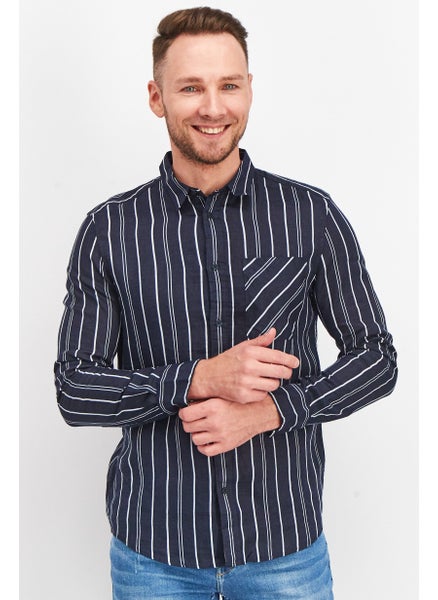 اشتري Men Regular Fit Stripe Long Sleeves Casual Shirt, Navy/White في الامارات