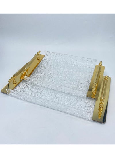 Buy 2-Piece Sophisticated Wavy Design Rectangular Serving Tray Set Clear/Gold in Saudi Arabia