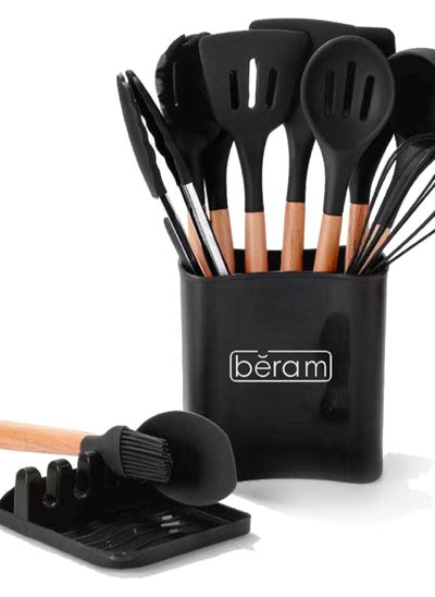 Buy Silicone Cooking Utensils Set, 13 Pieces, Includes Tongs, Spoon, Spatula and Turner Made of Heat Resistant Food Grade Silicone and Wooden Handles, Non Stick Kitchen Tools in UAE