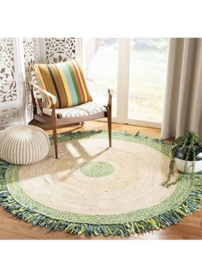 Buy Cape Cod Collection 3' Round Green Natural Cap212Y Handmade Boho Fringe Jute & Cotton Area Rug in UAE