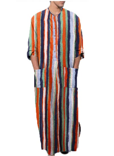 Buy New clothing long-sleeved one-piece men's striped print men's robe in UAE