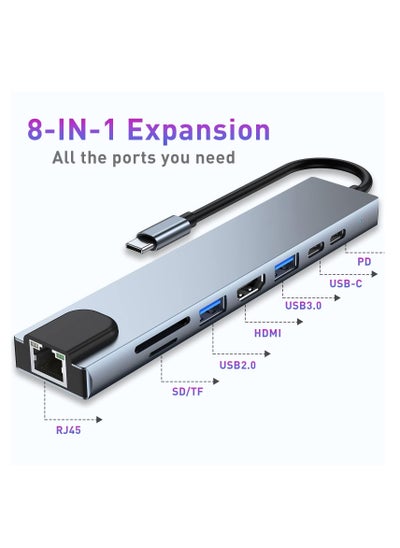 اشتري 8 in 1 Typ-C Adapter with 4K HDMI 100W PD USB C Port USB 3.0 RJ45 Ethernet SD/TF Card Reader Docking Station Compatible with MacBook Pro Typ-C Laptops and Other Type C Devices في السعودية