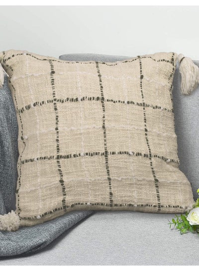 اشتري Jute and Cotton Woven Square Shaped Cushion with Tassle 16 x 16 inches for Living Room Sofa (Checkered Pattern, Cream) في الامارات