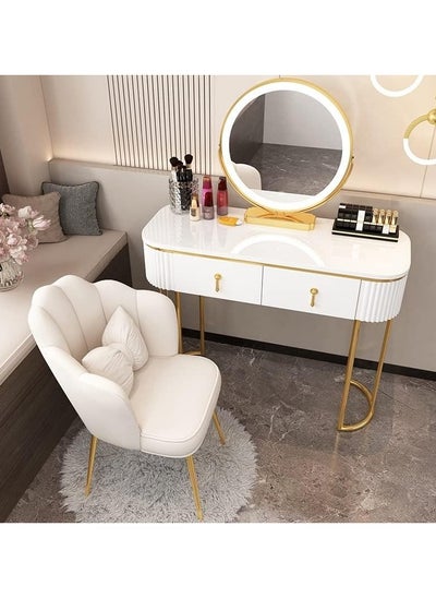 Buy Modern White Oval Glossy Makeup Vanity with 2 Drawers & Rotatable Mirror & Stool Engineered Wood Dressing Table in UAE