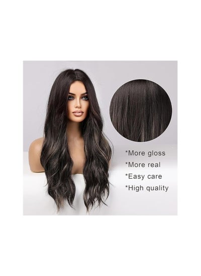 اشتري Long Black Wig for Women 26 Inch Natural Synthetic Hair Middle Part Curly Wavy Wigs With Blonde Highlight في مصر