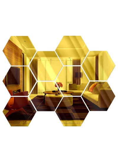 Buy Home Smart Hexagon Mirror Wall Decor Sticker for Home Bedroom Office and Tv Lounge Wall Decoration Set Of 10 PCs Gold in UAE