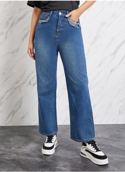 Buy Frayed Pocket Detail Stright Leg Jeans in Saudi Arabia