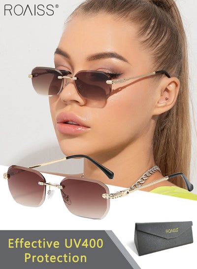 Buy Women's Rectangular Rimless Sunglasses, UV400 Protection Sun Glasses with Metal Frame and Gradient Brown Lens, Fashion Anti-glare Sun Shades for Women with Glasses Case, 56mm in UAE