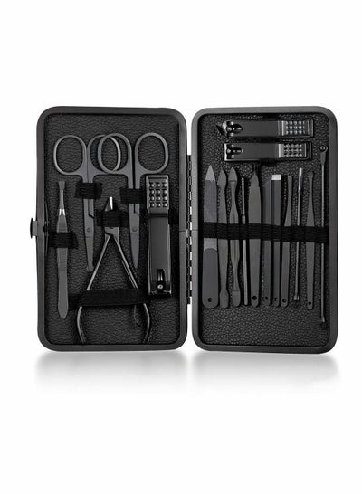 Buy Profession Nail Clippers Set 18 pcs，Black Stainless Steel Sharp Nail Trimmer Pedicure and Manicure Set with Cortex Metal Case for Men and Women in UAE