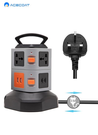 Buy Universal plug extension cord with 2USB & 2USB C surge protector multi way power extension socket outlet 3m power cable Electric extension cable adapter vertical tower extension lead power strip in Saudi Arabia