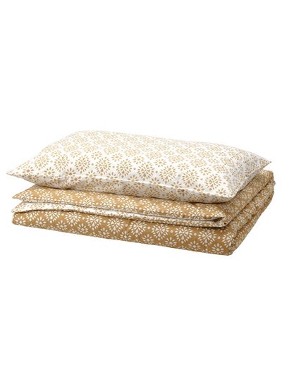 Buy Duvet Cover And Pillowcase Yellow Beige/White 150X200/50X80 Cm in Saudi Arabia