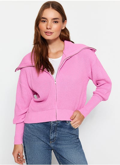 Buy Pink Turn-down Collar Zippered Knitwear Cardigan TWOAW24HI00072 in Egypt