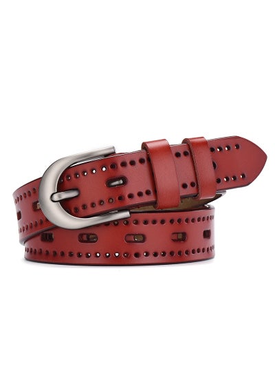 اشتري Ladies Hollow Carved No-Hole Genuine Leather BeltRed Red في السعودية