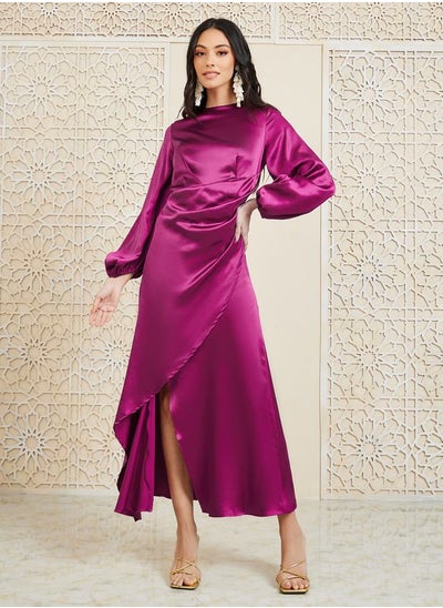 Buy Satin Pleated Asymmetric Hem A-line Midi Dress in Saudi Arabia