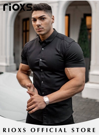 Buy Men's Stretch Casual Black Short Sleeve Dress Shirt Wrinkle-Free Formal Shirt Slim Fit Button Down Shirt in UAE