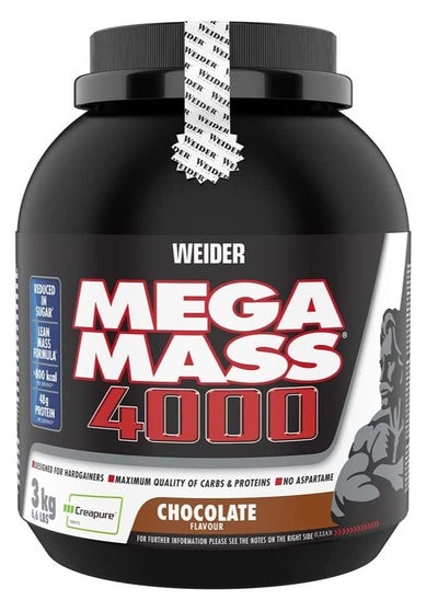 Buy Mega Mass 4000 3 Kg Weight Gainer with Protein, Creatine, Carbohydrate, Low Sugar, Vitamins and Minerals, Chocolate Flavour in UAE