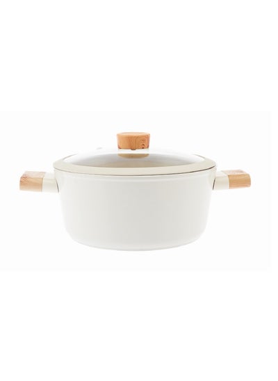 Buy Swiss Crystal High Quality Ceramic Coating Non-Stick Casserole - 22cm- Glass Lid With Protective Silicon Edge - Natural Wood Handles and Knob - Beige in UAE