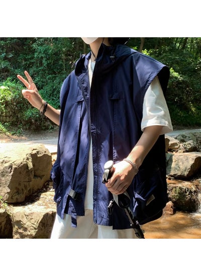 Buy Summer Lightweight Couple Vest Men Casual Sleeveless Hooded Jacket Navy blue in UAE