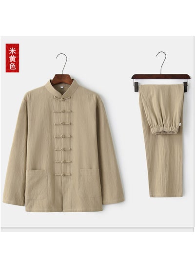 Buy Mens Cotton Linen Tang Suit Long Sleeve Set Beige [suit]] in UAE