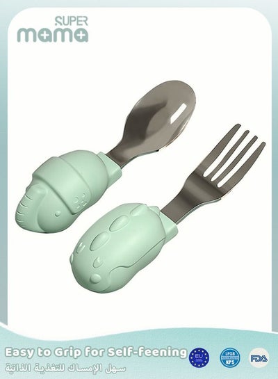 Buy Baby Spoon Fork Set, Stainless Steel Self Feeding Kids Utensils with Silicone Handle And Storage Box in Saudi Arabia