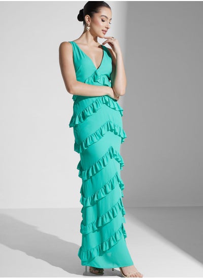 Buy Plunge Neck Ruffle Dress in UAE