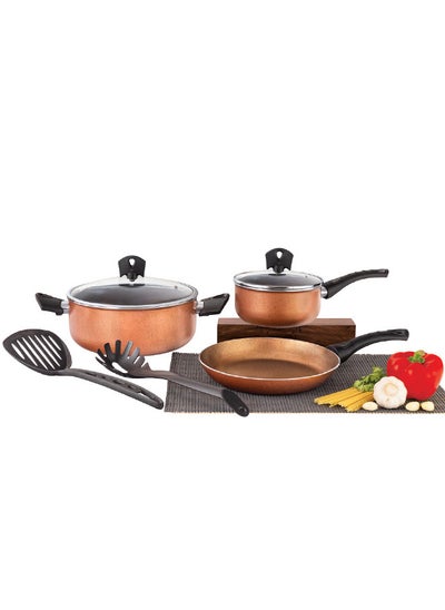 Buy 7-Piece Aluminum Cookware Set With Glass Lid & Heat Resistant Handle Size 16,24,24CM Brown in Saudi Arabia