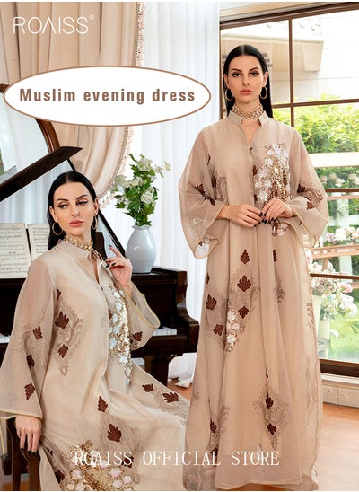 اشتري Women Luxury Stand Collar Bead Embroidered Robe Maxi Dresses Exclusive Styles Modern Stylish Abaya Middle East Arabic Banquet Wedding Party Dress Women's Festival Clothing Beige في الامارات