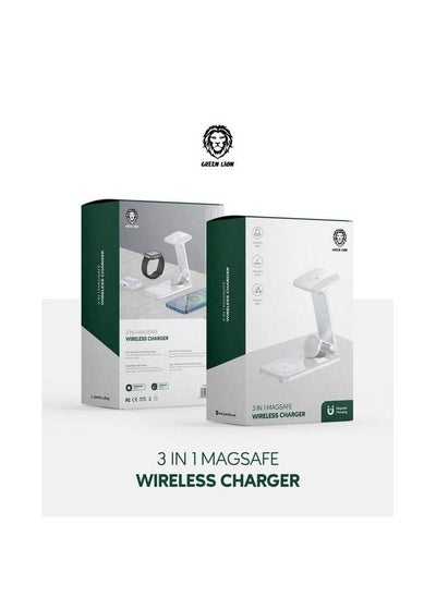 اشتري 3 In 1 Magsafe Wireless Charger, Max 15W Fast Charging, Adjustable Pad and Stand with Light Indicator & Aluminum Body - White في الامارات