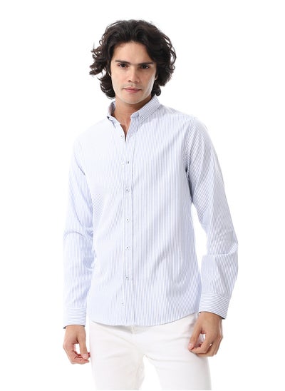 Buy Candy Stripes Pattern Turn Down Collar Oxford Shirt_ White & Sky Blue in Egypt