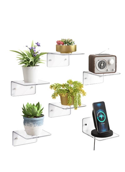 Buy Small Acrylic Shelves Set of 6, 4in Floating Wall Mounted Shelves for Plants, Small Wall Decoration & Storage Shelf for Toy Display (Clear) in Saudi Arabia