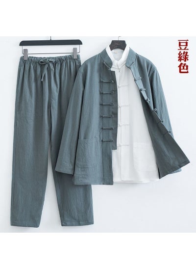 اشتري Mens Cotton Linen Tang Suit Set Chinese Style Tea Attire Green two-piece [jacket pants]] في الامارات