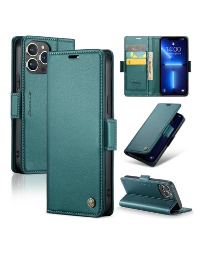 Buy Flip Wallet Case For Apple iPhone 13 Pro Max, [RFID Blocking] PU Leather Wallet Flip Folio Case with Card Holder Kickstand Shockproof Phone Cover (Green) in UAE