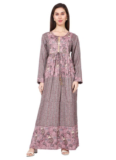 اشتري ELEGANT UNIQUE PRINTED LONG SLEEVE STYLISH ARABIC KAFTAN JALABIYA DRESS في السعودية