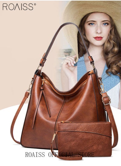 اشتري Large Crossbody Bags Ladies Shoulder Handbags Purse Set for Women Hobo Totes PU Leather Purses and Handbags Shoulder Bag Vegan Leather Tote Brown في السعودية