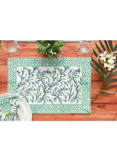 Buy 12 Piece Floral Green Hand Block Printed 100 Percent Canvas Cotton Table Placemats & Soft Cotton Napkin Set in UAE